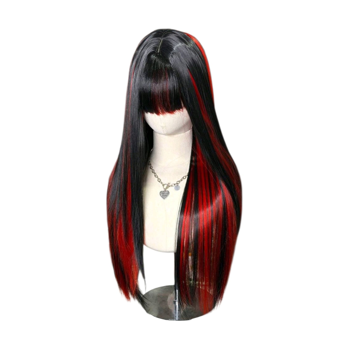 Peluca Negro con Mechas Color Rojo Cabello Liso y Flequillo