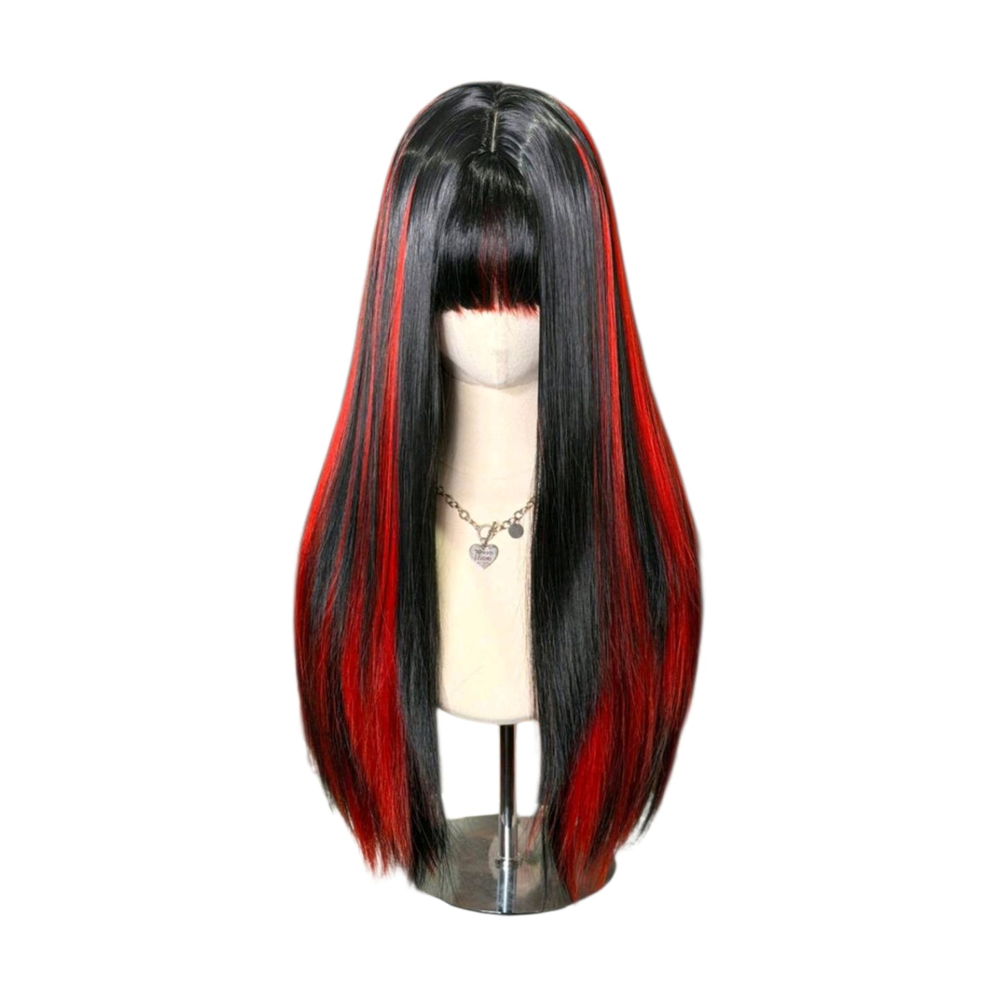 Peluca Negro con Mechas Color Rojo Cabello Liso y Flequillo