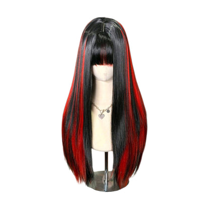 Peluca Negro con Mechas Color Rojo Cabello Liso y Flequillo