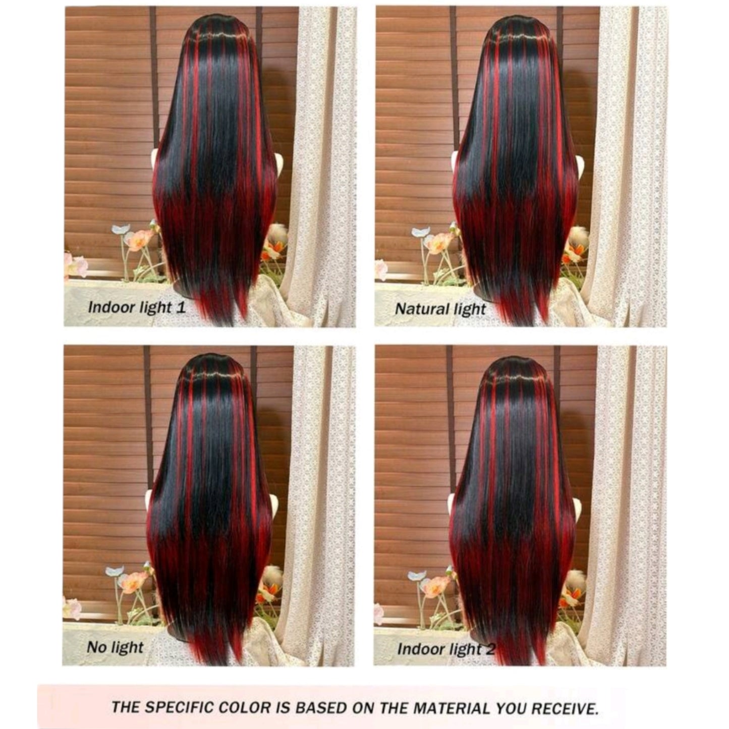 Peluca Negro con Mechas Color Rojo Cabello Liso y Flequillo