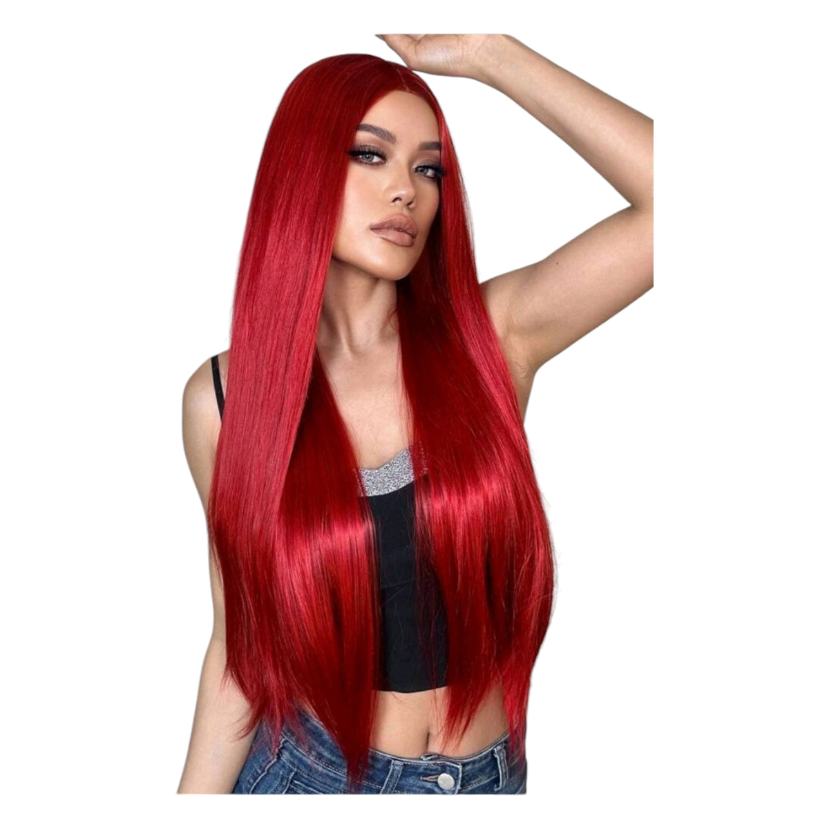 Peluca Rojo Intenso Lisa Sin Fleco Cabello Largo Disfraz