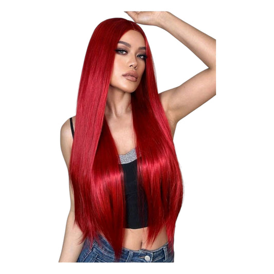 Peluca Rojo Intenso Lisa Sin Fleco Cabello Largo Disfraz