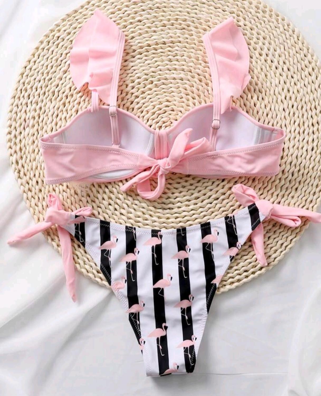 Bikini Rosa Blanco y Negro con Flamingos Bañador Ajustable