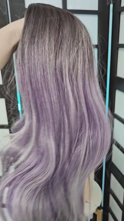 Peluca FEELSI Morado Balayage Gris Negro Degradado Simulación Raiz