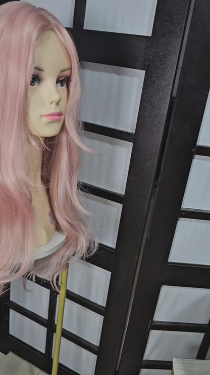 Peluca FEELSI Rosa Pastel Claro Ondulada Larga Sin Fleco Cosplay