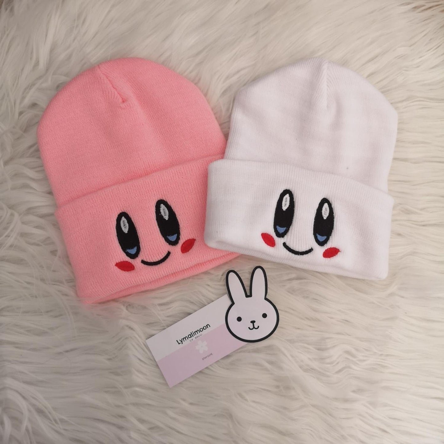 Duo Beanie Rosa Y Blanco Ojitos Gorrito Kirby Invierno Geek